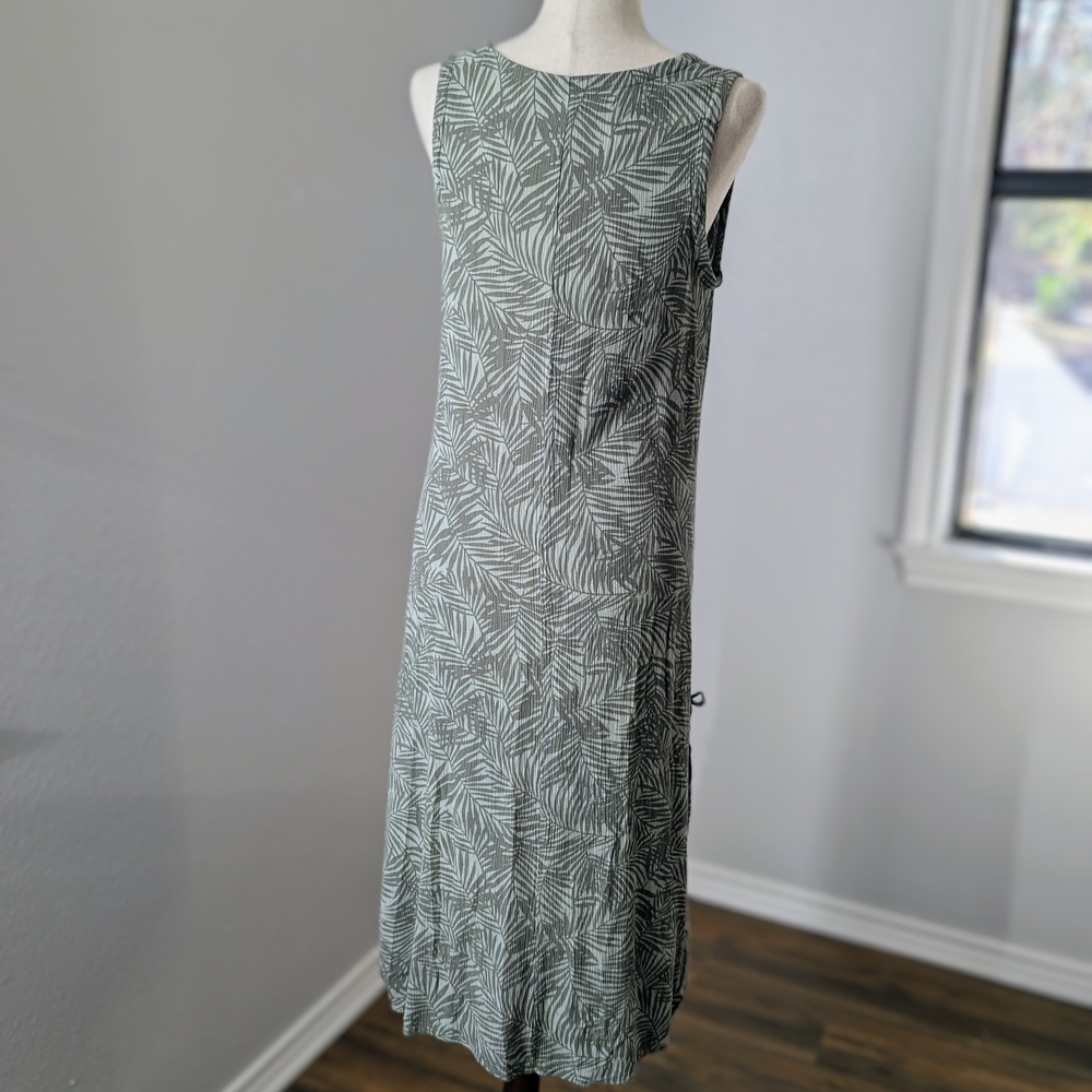 Kaktus Leaf Print Midi Dress Coastal Grandma Beachy Vacation Cruise Lagenlook - Picture 4 of 15
